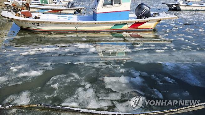 계속된 한파로 얼어붙은 충남 서해 가로림만 앞바다 (서산=연합뉴스) 19일 충남 서산의 가로림만 앞바다가 최근 계속된 한파로 얼어붙었다. 서산시는 가로림만 결빙으로 현재까지 어업 피해는 없지만, 지속할 경우 제철 맞은 감태 수확이나 굴 따기 등에 차질이 있을 것으로 전망했다. 2022.12.19 [서산시 제공. 재판매 및 DB 금지] jchu2000@yna.co.kr