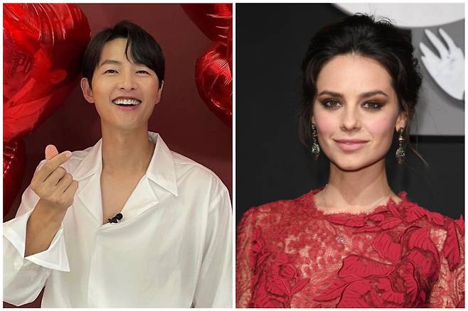 배우 송중기(왼쪽)-영국 배우 케이티 루이스 사운더스(Katy Louise Saunders). 사진ㅣ송중기 SNS, 게티이미지