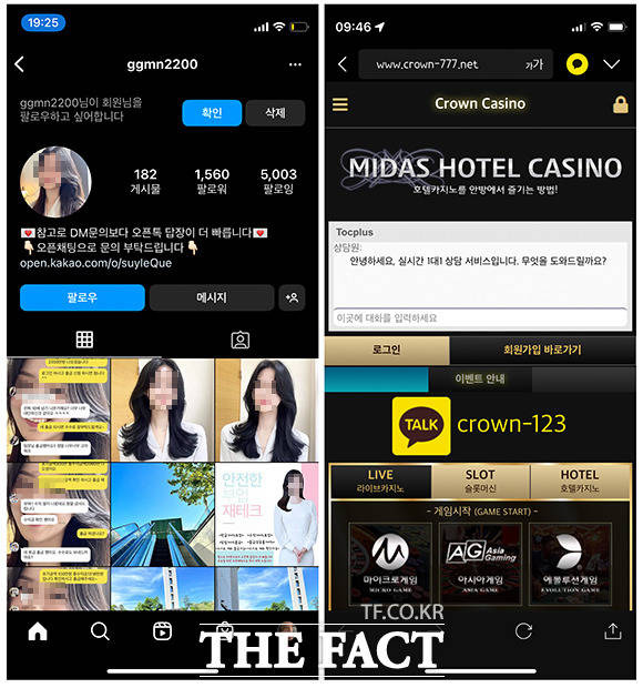 인스타그램으로 접근해 카지노 사이트를 알려주는 신종 SNS 범죄 조직. 범죄에 사용된 카지노 사이트.