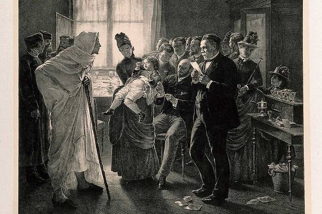 파스퇴르가 1885년 미친 개에게 물린 아홉살 소년에게 처음 광견병 백신을 접종하는 모습을 그린 석판화./Wellcome Collection