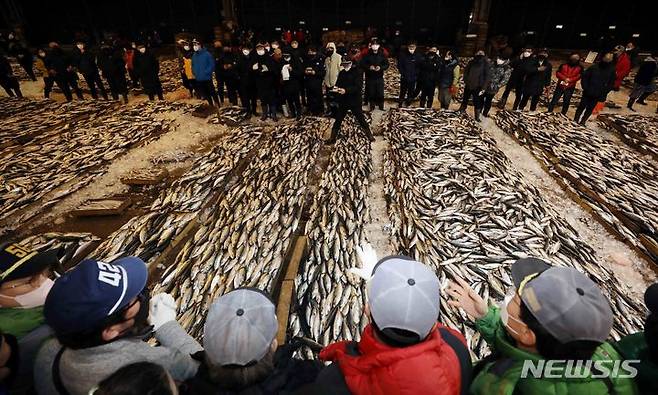 [부산=뉴시스] 하경민 기자 = 3일 오전 부산 서구 부산공동어시장에서 중도매인들이 힘찬 손짓으로 새해 첫 수산물 경매를 진행하고 있다. 부산공동어시장은 코로나19 여파로 지난해에 이어 올해도 초매식을 취소하고, 새해 첫 경매를 진행했다. 2022.01.03. yulnetphoto@newsis.com