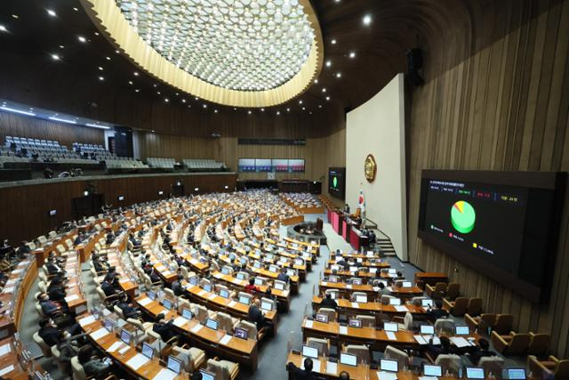 28일 오후 국회 본회의에서 한국전력공사법 일부개정법률안(대안)이 통과되고 있다. 연합뉴스