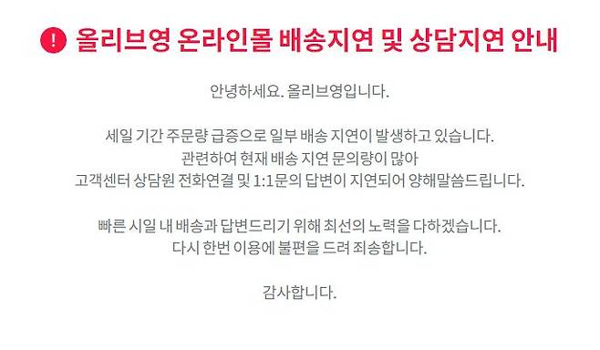 12월 올영 세일 배송지연 사태에 관해 28일 현재 올리브영 온라인몰에 올라온 안내문. [올리브영 온라인몰 캡처]