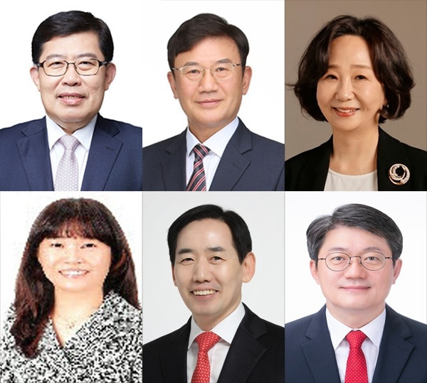 (윗줄부터) 윤창현, 유성을 정상철, 세종을 송아영, 충남 천안갑 조미선, 당진시 정용선, 충북 청주서원 김진모 국민의힘 조직위원장. (사진=국민의힘 제공)