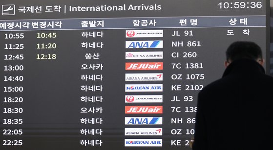 29일 김포공항 국제선 안내판에 중국, 일본발 항공편이 나오고 있다. 정부는 코로나19 해외 유입 확진자 중 중국 입국자의 비중이 급증해 추가적인 방역 조치를 고민하고 있다. 연합뉴스