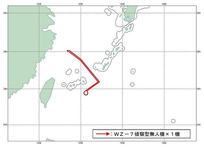 중국의 최첨단 무인기 ‘우전(WZ)-7’의 일본 해역 주변 이동경로. 오키나와 본섬과 미야코섬 사이 상공을 비행해 태평양 방향으로 통과한 뒤, 같은 경로를 거쳐 중국 대륙 쪽으로 돌아갔다. 일본 통합막료감부