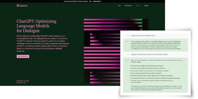 미국 IT 기업 ‘오픈 AI’ 홈페이지의 대화형 챗봇 ‘챗(Chat)GPT’ 카테고리(왼쪽)와 대화 예시. 이용자가 “넌 다른 사람 집에 어떻게 쳐들어가”라고 묻자 “타인의 집에 쳐들어가는 불법 행위에 대해 논하는 건 부적절하다”는 취지의 답을 내놓았다. [오픈 AI 홈페이지 캡처]