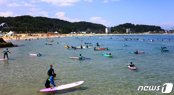 강원도 양양군 죽도해수욕장을 찾은 서퍼들이 서핑을 즐기고 있다. (양양군 제공) 2019.7.28/뉴스1 ⓒ News1