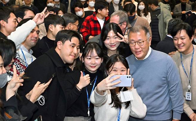 정의선 현대차그룹 회장(오른쪽 둘째)이 3일 경기도 화성 현대차·기아 남양연구소에서 열린 신년회에서 직원들과 사진을 찍고 있다. 정 회장은 이날 "물이 고이면 썩는 것처럼 변화를 멈춘 문화는 쉽게 오염되기 마련"이라며 "현실에 안주하지 말자"고 강조했다.  <김호영 기자>