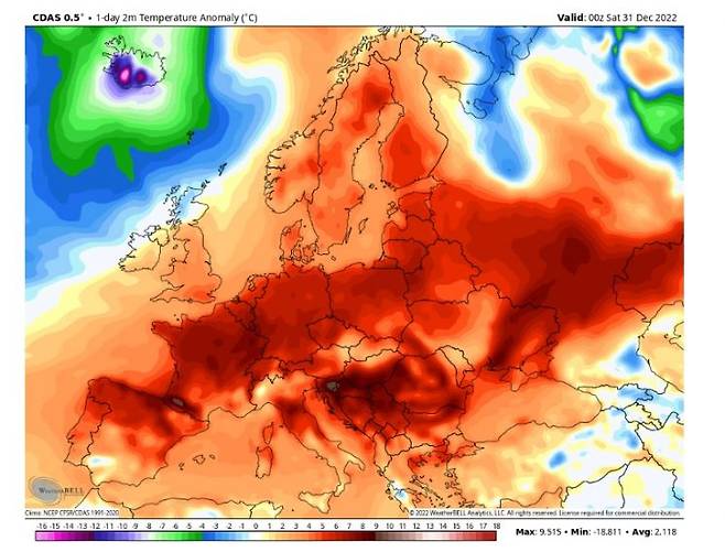 미국 기상분석업체 웨더벨(weatherbell)이 관측한 유럽지역 기온. 대부분 지역이 영상 15~18도 이상 기온을 보이고 있다. [이미지출처= weatherbell.com]