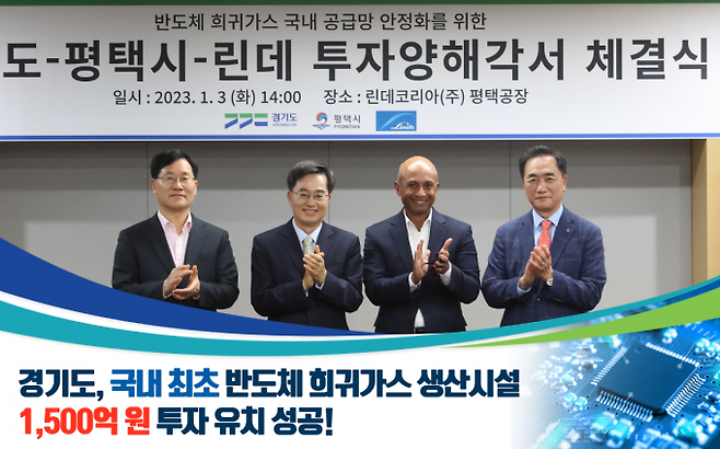 경기도와 평택시는 3일 린데코리아와 반도체 희귀가스 국내 공급망 안정화를 위한 투자 양해각서를 체결했다.