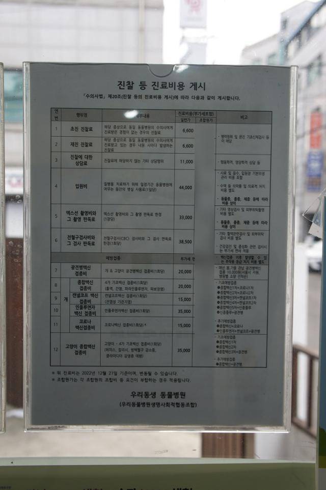 5일 우리동생 동물병원에 게시된 진료비 내역. 동그람이 정진욱