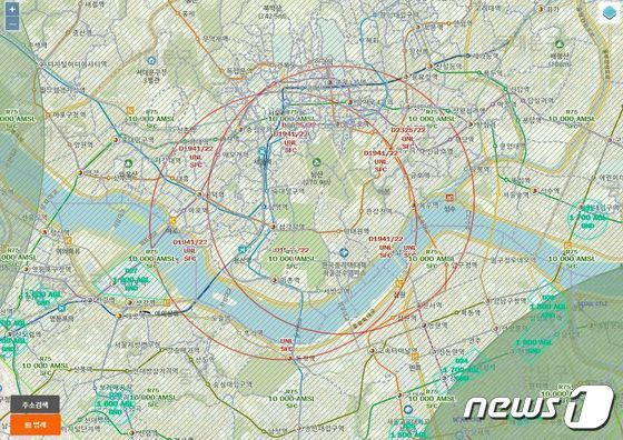 서울 용산구 일대에서 설정돼 있는 비행금지구역(빨간색 원) (국토교통부 드론 원스톱 민원서비스 캡처)