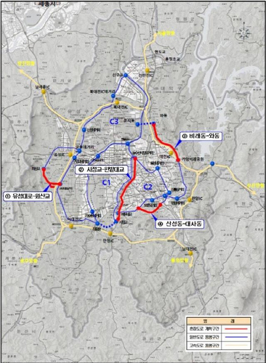 대전시 '제4차 대도시권 혼잡도로개선계획' 반영된 4개 신규도로 구간. 사진=대전시 제공