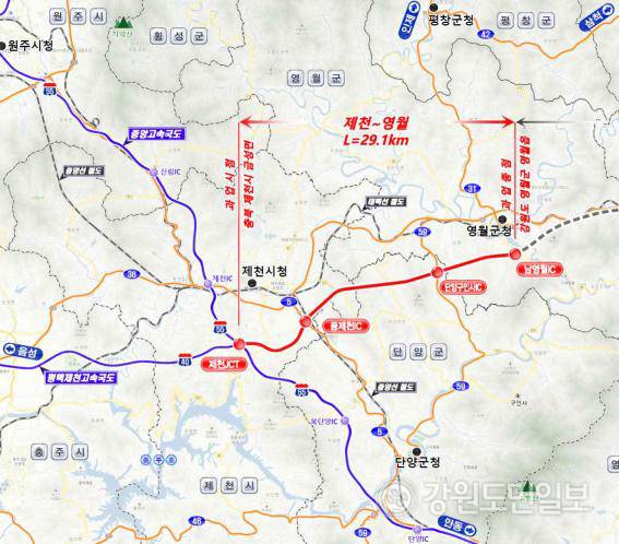 ▲ 동서 6축 고속도로의 제천∼영월구간 노선도