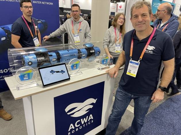 6일(현지시간) 미국 라스베이거스 CES 2023에서 수도관 유지보수용 로봇 '클린 워터 패스파인더'로 스마트시티, 지속가능성, 인간안보 3개 부문에서 혁신상을 받은 아크와로보틱스의 전시 부스. 라스베이거스=민경진 기자