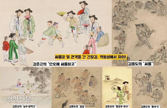 기산 김준근은 풍속화가의 레전드인 단원 김홍도의 작품을 참고로 그린 것은 사실이다. 그러나 ‘씨름’ 그림에서 보듯 긴장감이나 역동성 측면에서는 다소 떨어진다. ‘점심’과 ‘활쏘기’ 등을 주제한 기산의 작품도 김홍도와 비슷한 듯 다르다.