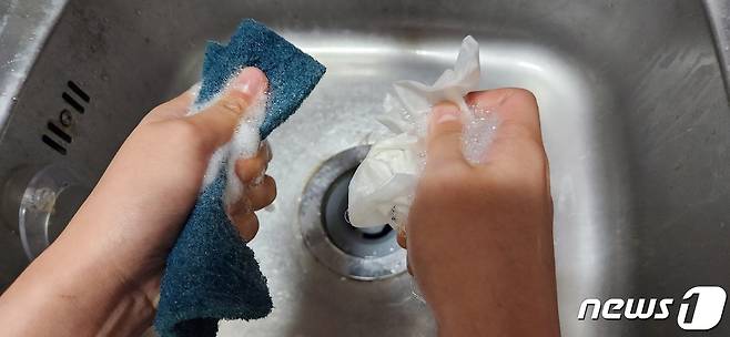 세제를 한 펌프 짠 일반 수세미와 종이 수세미 거품양을 비교한 모습. ⓒ 뉴스1 김예원 기자
