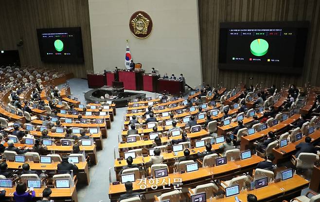 용산 이태원 참사 진상규명과 재발방지를 위한 국정조사 특별위원회 활동 연장의 건이 지난 6일 국회 본회의에서 통과되고 있다. 박민규 선임기자