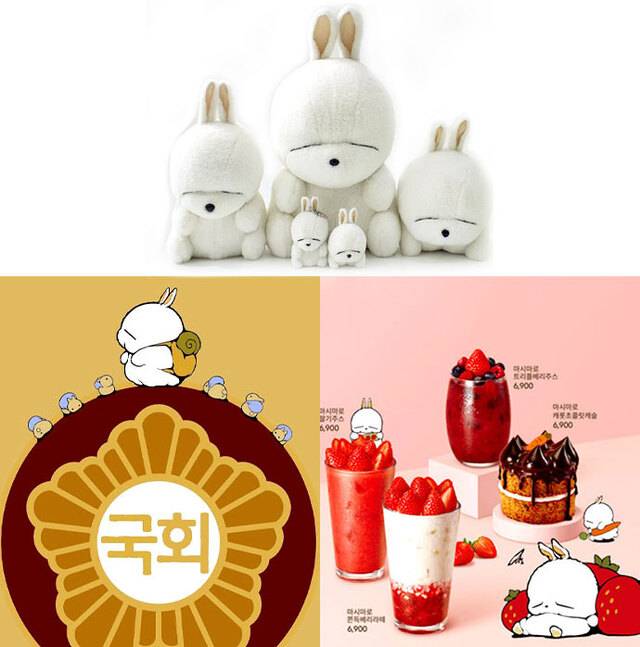 2023년 토끼해를 맞아 국회의사당 앞마당에 마시마로가 전시됐다. 이를 홍보하는 포스터.(왼쪽) 커피전문점 ‘엔제리너스’는 마시마로 캐릭터와 협업해 여러 메뉴를 새롭게 내놨다.