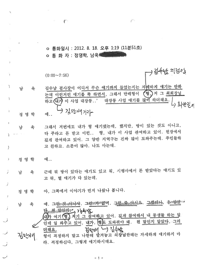 ▲정영학 녹취록(2012년 8월 18일 녹음). 정영학 녹취록에서 시점상 가장 빠른 날짜의 대화가 바로 이날이다. 김수남 수원지검장이 이 당시 대장동 업자들의 비위 사실을 알고 김만배에게 먼저 얘기를 했는데, 김만배가 '형, 내가 대장동 사업에 참여하고 있어'라면서 수사하지 말 것을 청탁한 정황이 담겨 있다. 남욱이 김만배로부터 들은 얘기를 다시 정영학에게 설명하는 상황이다. 문장에 밑줄과 손으로 적은 글자들은 정영학이 검사의 이해를 돕기 위해 직접 주석을 단 것이다.