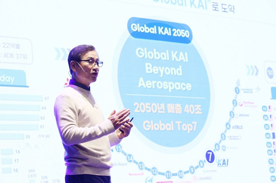 '글로벌 KAI 2050' 비전선포식 발표를 진행하고 있는 KAI 강구영 사장/사진=KAI