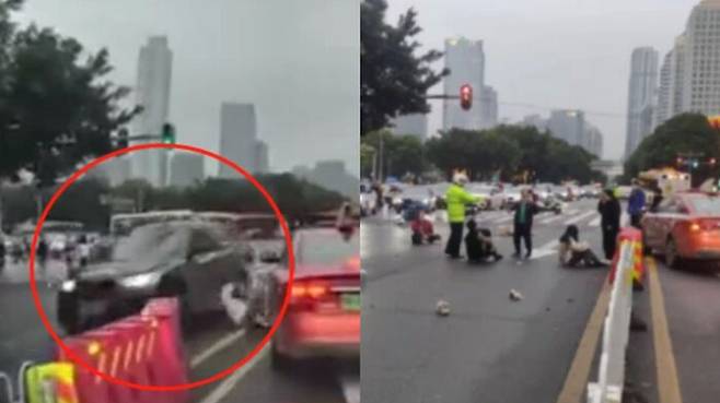 도주하는 사고 승용차(왼쪽)와 피해자들 (사진=도시쾌보 캡처, 연합뉴스)