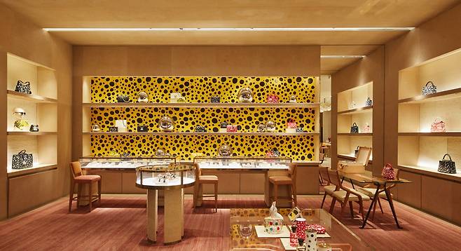 The Louis Vuitton Maison Seoul in Gangnam-gu, Seoul, shows its collaboration collection with Japanese artist Yayoi Kusama. (Louis Vuitton Maison Seoul)