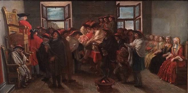 베네치아 유대인의 할례. 가운데 어린아이가 생후 8일차에 할례를 받고 있다. 마르코 마르쿠올라 작품. 1870년경. 파리 유대 역사 예술 박물관 소장.