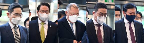 이재용 삼성전자 회장, 최태원 SK그룹 회장, 정의선 현대차그룹 회장, 구광모 LG그룹 회장, 신동빈 롯데그룹 회장 [사진=김성진 기자]