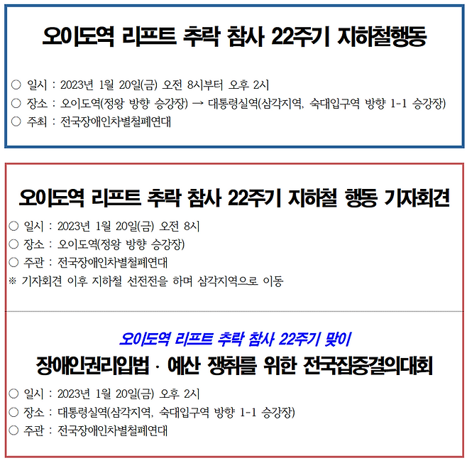 전장연이 20일 오전 8시 지하철 4호선 오이도역에서 오이도역 리프트 추락 참사 22주기 지하철 행동 기자회견을 열겠다고 밝혔다.ⓒ전장연 홈페이지