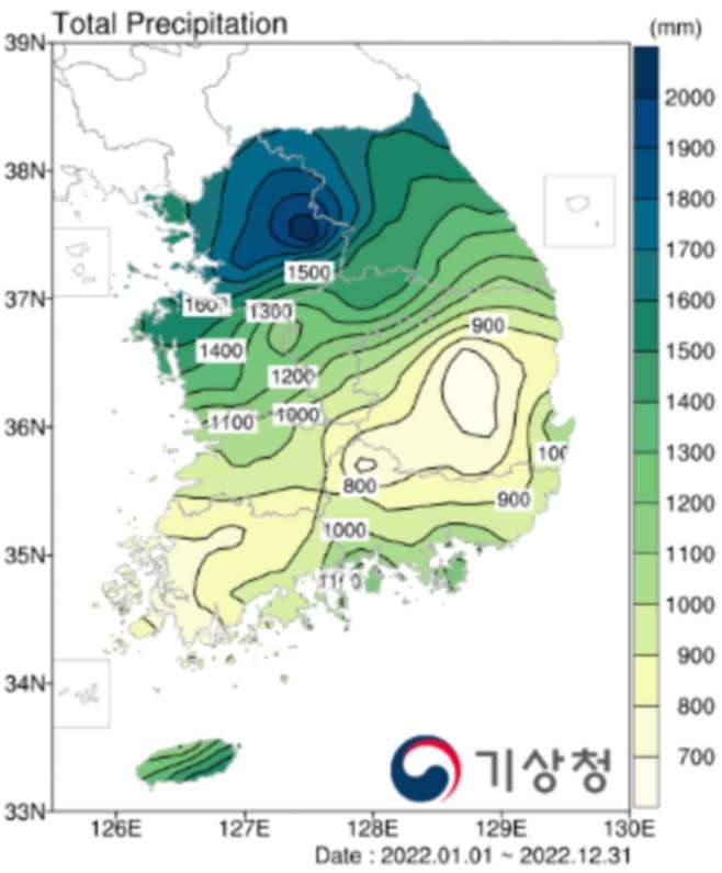 2022년 지역별 연강수량. [기상청 제공. 재판매 및 DB 금지]