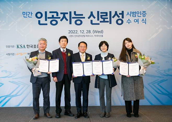 인공지능 신뢰성 시범인증 수여식에서 수상자와 기념촬영을 하고 있는 모습(왼쪽부터 한종호 딥브레인AI 사업개발그룹 본부장, 신석규 와이즈스톤 회장, 강명수 한국표준협회 회장, 유미영 삼성전자 생활가전사업부 부사장, 이채린 클라썸 대표).