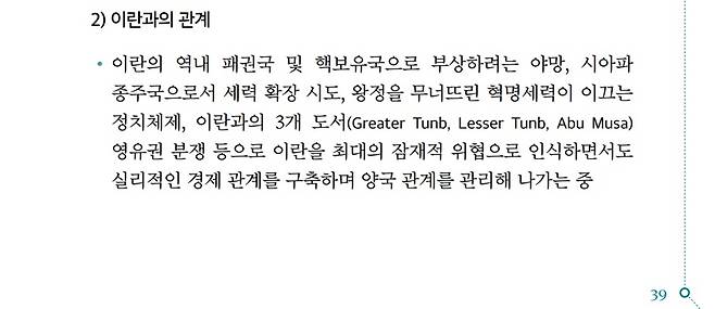 외교부는 2023 아랍에미리트(UAE) 개황 자료에서 이란과의 관계 부분에서 '최대의 잠재적 위협'이라고 기술했다. /사진=2023 UAE 개황 자료 캡처