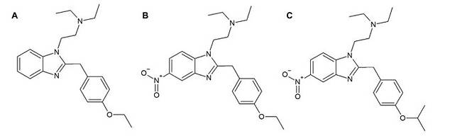 (A) 에타젠 (B) 에토니타젠 (C) 이소토니타젠  구조식