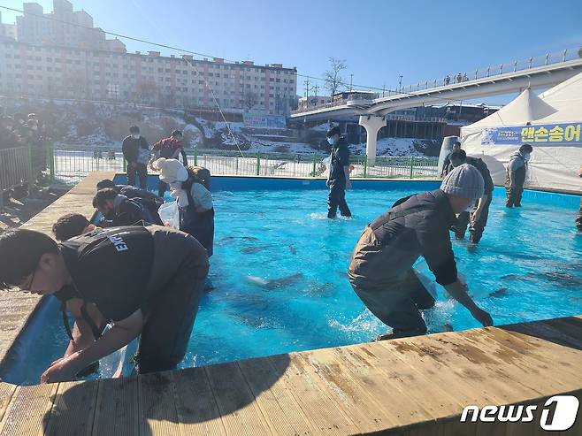 '홍천강 꽁꽁축제'가 21일 강원 홍천강둔치 인근에서 열리는 가운데 이날 축제장 주변에 인파가 몰려들고 있다. 2023.1.21/뉴스1 이종재 기자