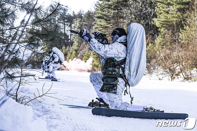 해병대는 지난 2일부터 강원도 평창 산악종합훈련장에서 수색부대 임무수행 능력 향상을 위해 설한지훈련을 실시하고 있다고 23일 밝혔다. 텔레마크 스키를 이용해 안전지대로 이동 중 적과 조우한 해병대 수색부대원들이 무릎 앉아 자세로 사주경계를 하고 있다. (해병대사령부 제공) 2023.1.23/뉴스1