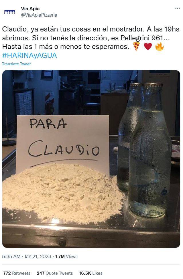 아르헨티나 로사리오의 피자가게 '아피아'가 악평을 남긴 손님 '클라우디오'에게 공개 제안을 했다. (트위터)