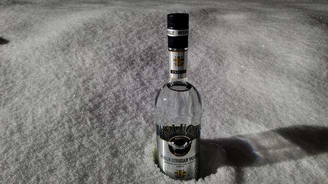 사우나장 앞 눈속에 꽂아둔 보드카. 러시아인들은 이렇듯 사우나 하는 동안 보드카를 얼려 마신다. /정병선 기자