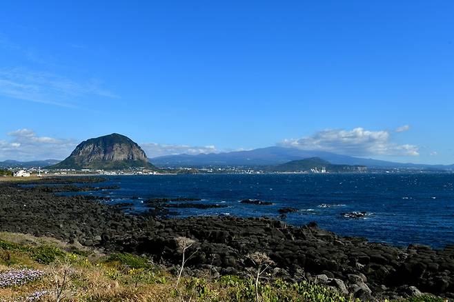 산이수동항에서 본 산방산과 한라산.