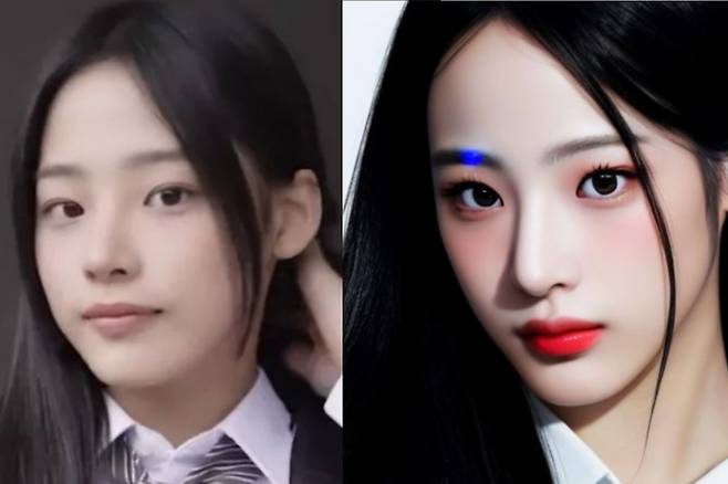 네이버 블로거 ‘vajradawa’가 스노우 AI 아바타를 통해 제작한 뉴진스 민지의 AI 아바타(오른쪽)와 실물 사진 비교. [네이버 블로그 갈무리]