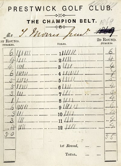 영 톰 모리스의 1869년 디 오픈 스코어카드. 8번 홀의 숫자 1은 홀인원을 뜻한다. 사진=프레스트윅 골프클럽