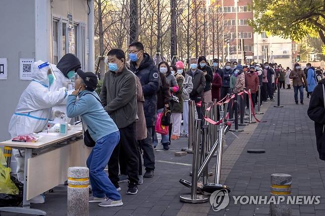 작년 11월 PCR 검사 받는 베이징 시민들 [베이징 AP=연합뉴스 자료사진]