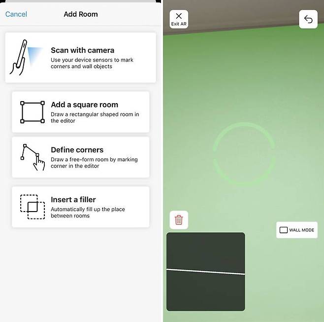 AR 기능을 지원하는 스마트폰이라면 카메라 스캔으로 도면을 그릴 수 있다. 출처=매직플랜 앱 화면 캡처