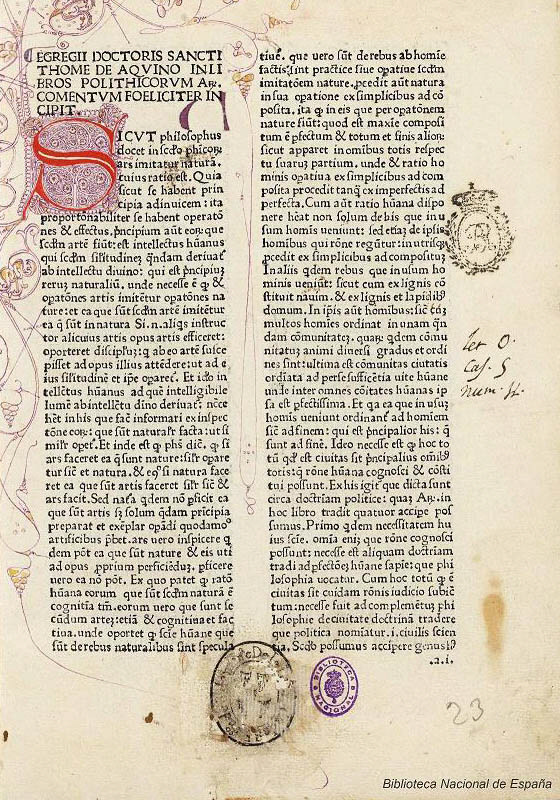 토마스 아퀴나스의 <정치학> 주석서, 1478년, 스페인 국립도서관 소장