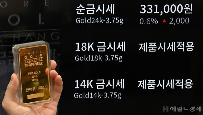 27일 서울 종로구 한국금거래소 전광판에 금 시세가 표시되어 있다. 임세준 기자
