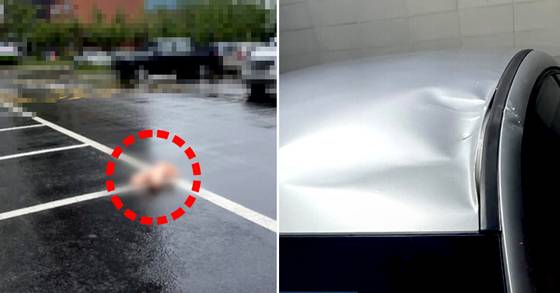 Left, a sex doll fell from an apartment in Incheon in July last year. Right, the sex doll damaged a K3 vehicle. [SCREEN CAPTURE]
