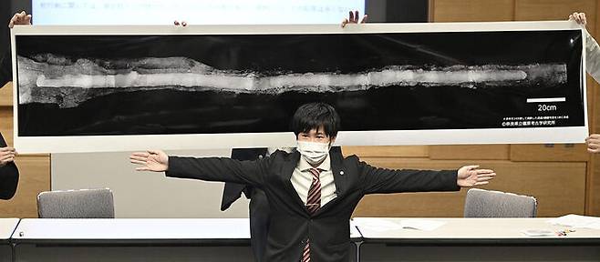 도미오마루야마(富雄丸山) 고분에서 청동거울과 함께 출토된 뱀 모양의 검. 길이가 2.37ｍ로, 일본에서 발견된 관련 유물 중 최대급으로 평가된다. '사곡검'으로 불리는 뱀 모양 검은 한국에서도 나온 바 있다. (사진=교도, 연합뉴스)