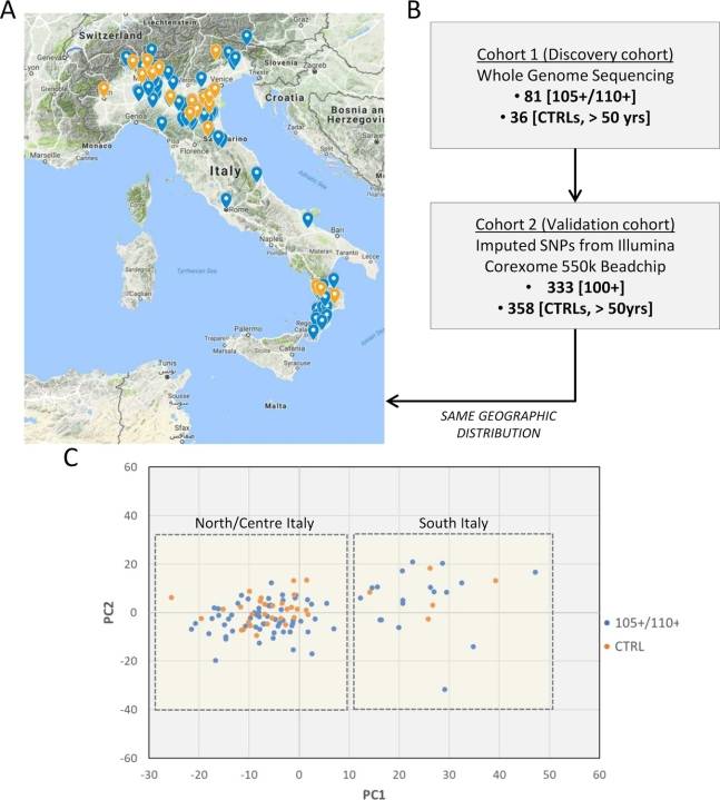 105세 이상 및 110세 이상의 초고령자(파란색)와 68세 전후의 고령자(주황색)가 거주하는 지역을 나타낸 지도. /사진=이라이프