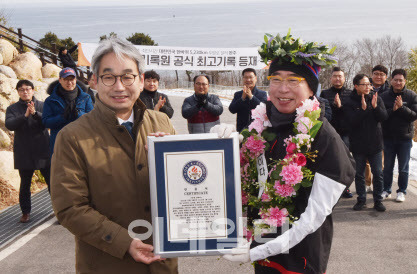 맥키스컴퍼니 조웅래 회장(오른쪽)이 26일 한국기록원으로부터 기록 인증서를 전달받고 있다. (사진=맥키스컴퍼니 제공)